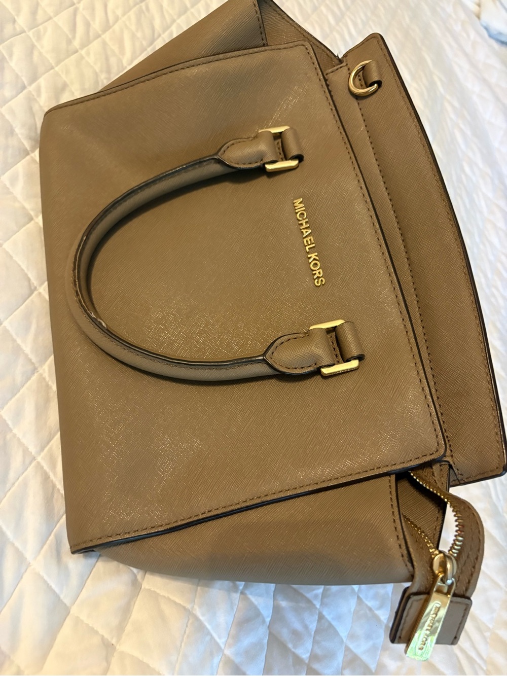 Michael Kors Saffiano Leather Satchel in Taupe Brown with Gold Hardware
